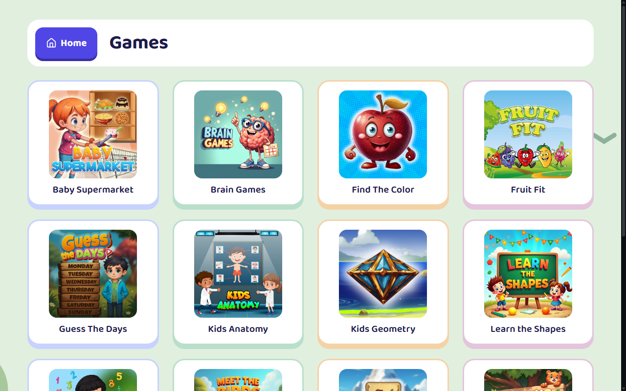 Games catalogue with colourful covers such as Baby Supermarket, Brain Games, Find The Color and Math Genius