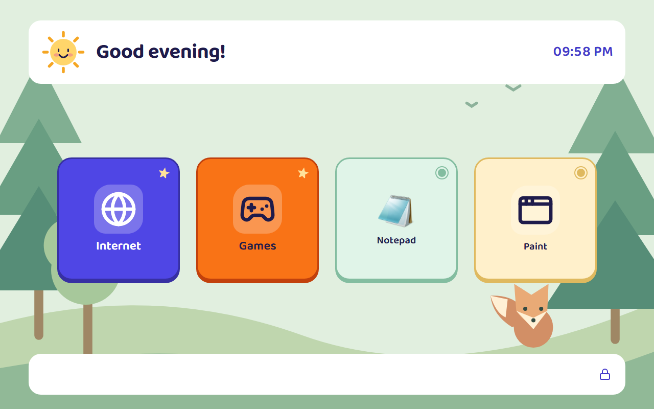 The kids screen: big tiles for Internet, Games and two apps a parent approved, a clock and a small lock button for the parent